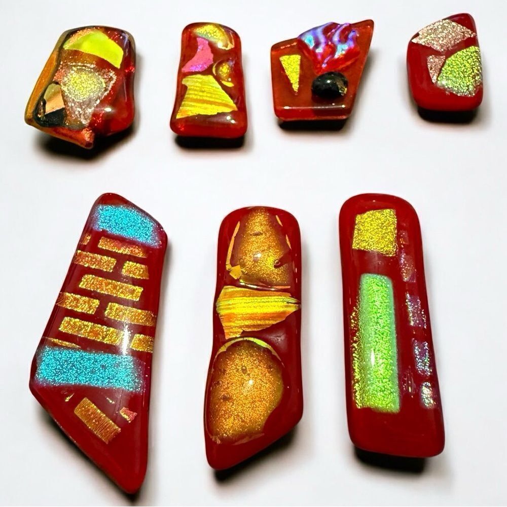 Set of 9 Red Fused Dichroic Glass Cabochons – Iridescent Art Pieces for Jewelry
